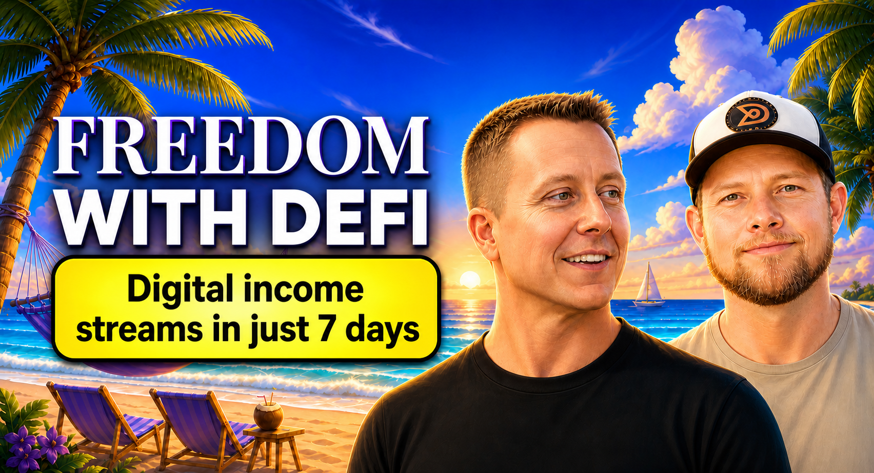 Freedom With DeFi community cover with a blue ocean, palm trees, and two hosts.
